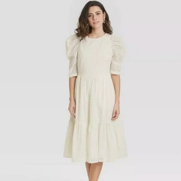 A New Day White Eyelet Puff Sleeve Midi Dress Cotton Ruffles Tiered Size XXL - Picture 1 of 15